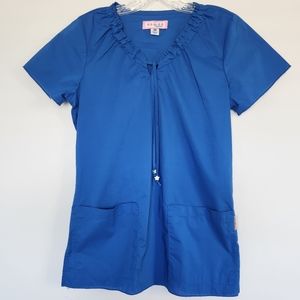 Koi by Kathy Peterson Blue Scrub Top gathered back, cute flattering fit. Size XS